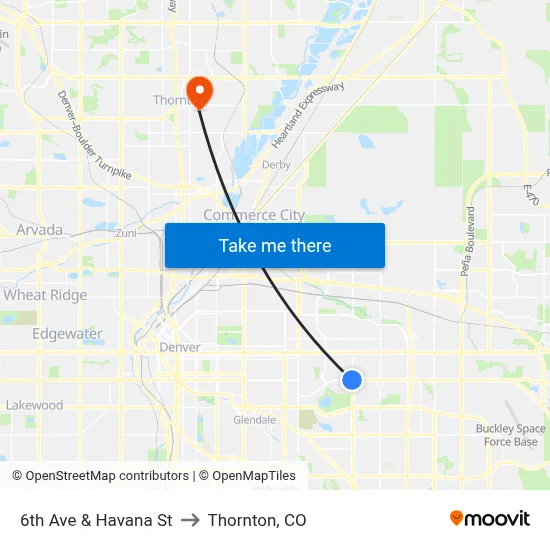 6th Ave & Havana St to Thornton, CO map