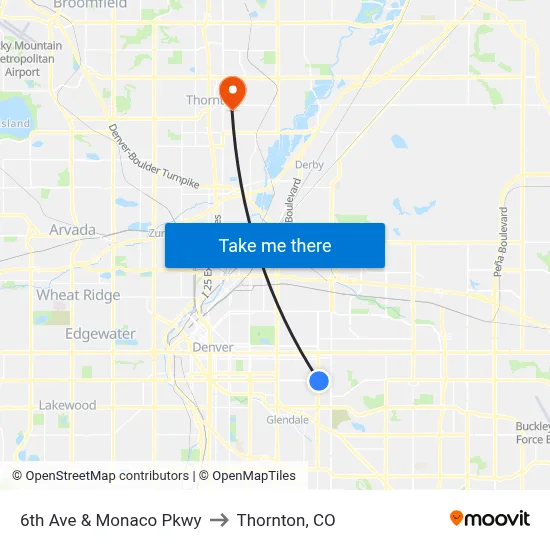 6th Ave & Monaco Pkwy to Thornton, CO map