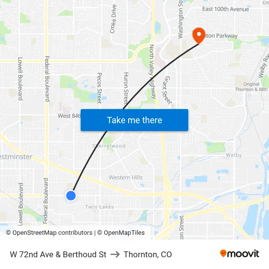 W 72nd Ave & Berthoud St to Thornton, CO map