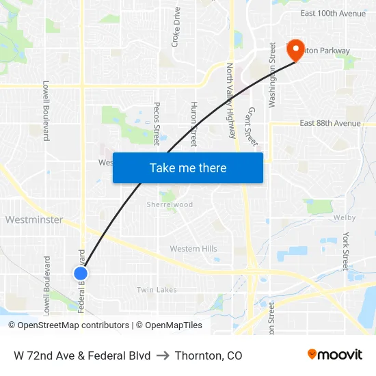 W 72nd Ave & Federal Blvd to Thornton, CO map