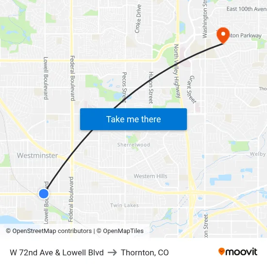 W 72nd Ave & Lowell Blvd to Thornton, CO map