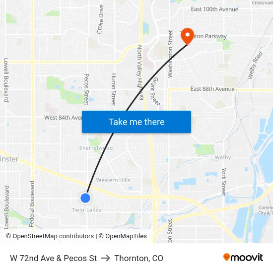 W 72nd Ave & Pecos St to Thornton, CO map