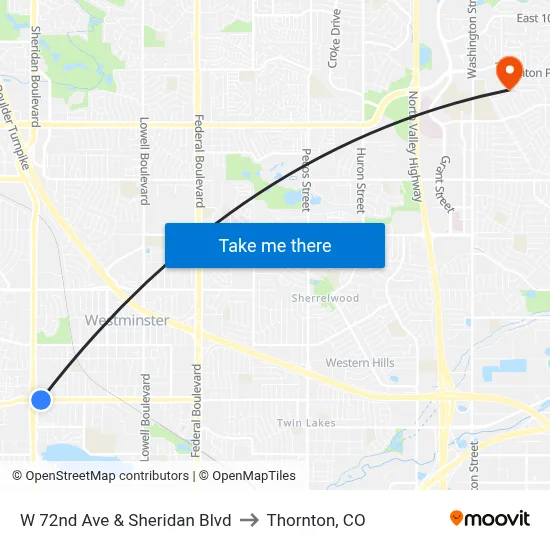 W 72nd Ave & Sheridan Blvd to Thornton, CO map