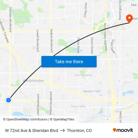 W 72nd Ave & Sheridan Blvd to Thornton, CO map