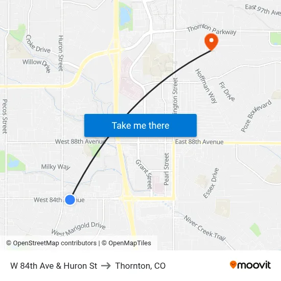 W 84th Ave & Huron St to Thornton, CO map