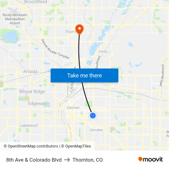 8th Ave & Colorado Blvd to Thornton, CO map
