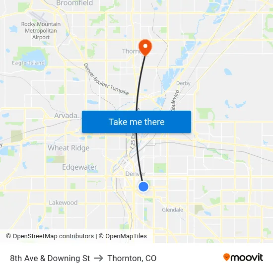 8th Ave & Downing St to Thornton, CO map