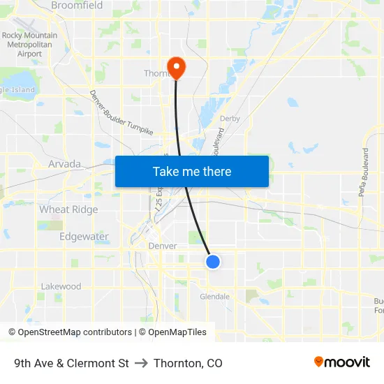 9th Ave & Clermont St to Thornton, CO map