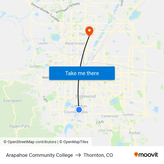 Arapahoe Community College to Thornton, CO map