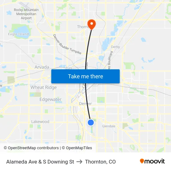 Alameda Ave & S Downing St to Thornton, CO map