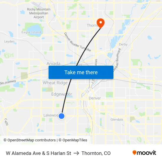 W Alameda Ave & S Harlan St to Thornton, CO map