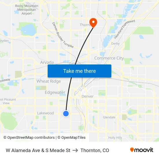 W Alameda Ave & S Meade St to Thornton, CO map