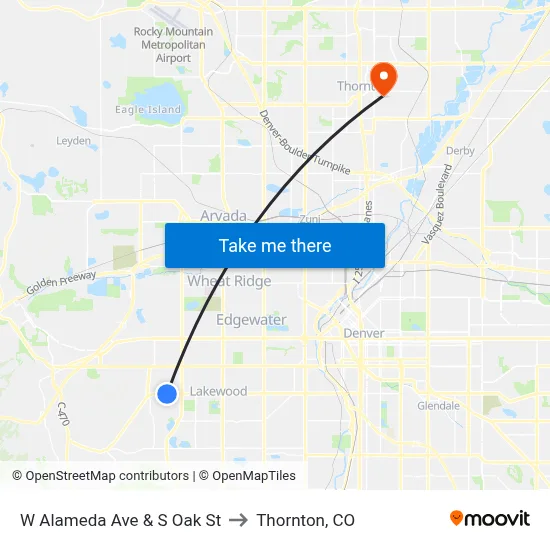 W Alameda Ave & S Oak St to Thornton, CO map