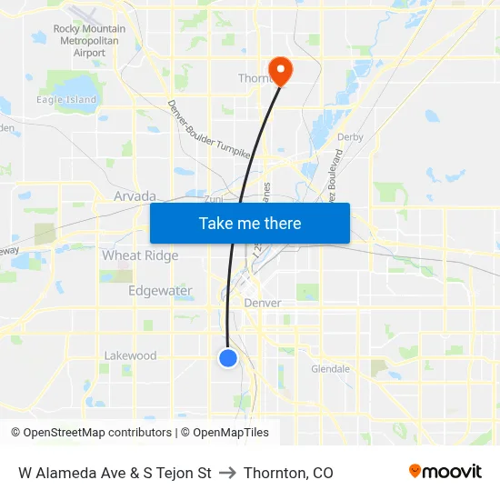 W Alameda Ave & S Tejon St to Thornton, CO map
