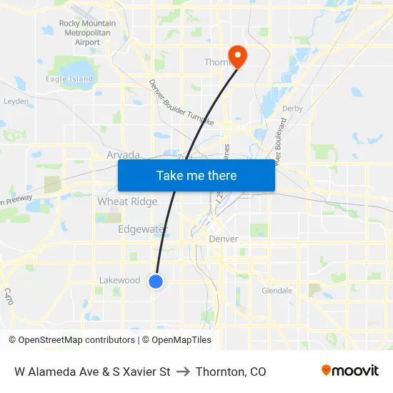 W Alameda Ave & S Xavier St to Thornton, CO map