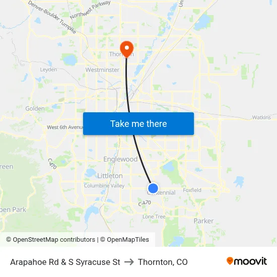 Arapahoe Rd & S Syracuse St to Thornton, CO map
