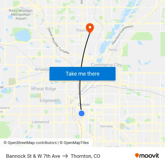 Bannock St & W 7th Ave to Thornton, CO map