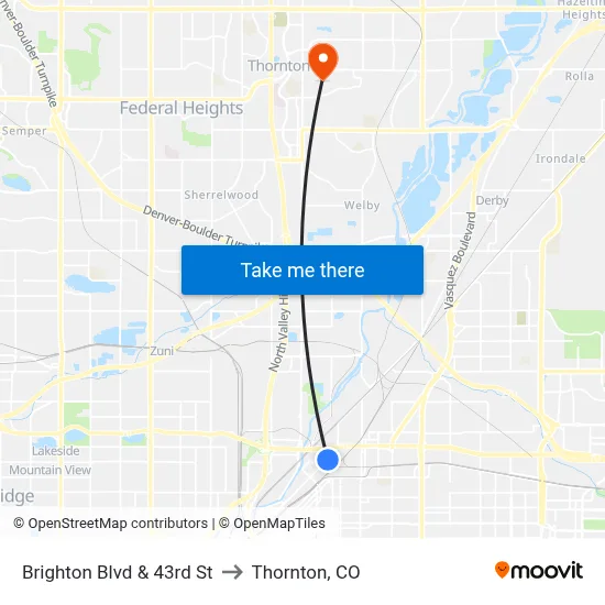 Brighton Blvd & 43rd St to Thornton, CO map