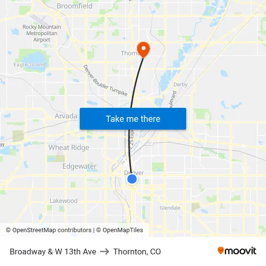 Broadway & W 13th Ave to Thornton, CO map