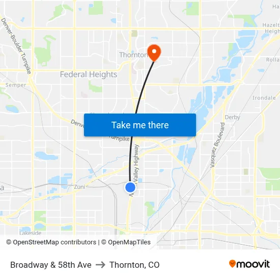 Broadway & 58th Ave to Thornton, CO map