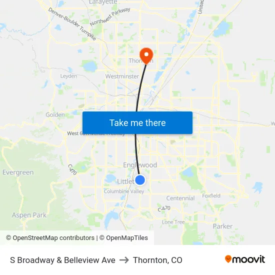 S Broadway & Belleview Ave to Thornton, CO map