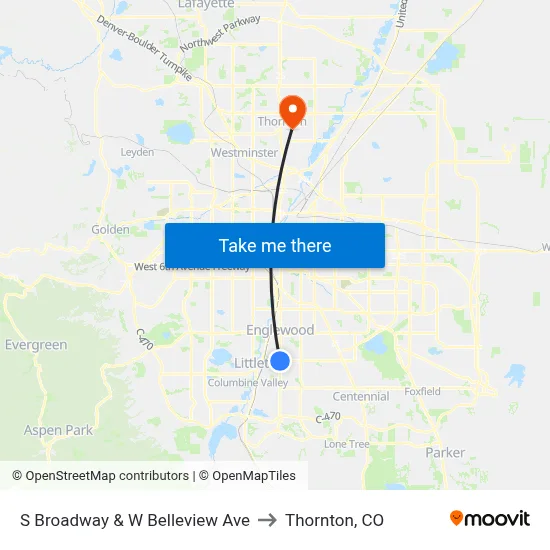 S Broadway & W Belleview Ave to Thornton, CO map