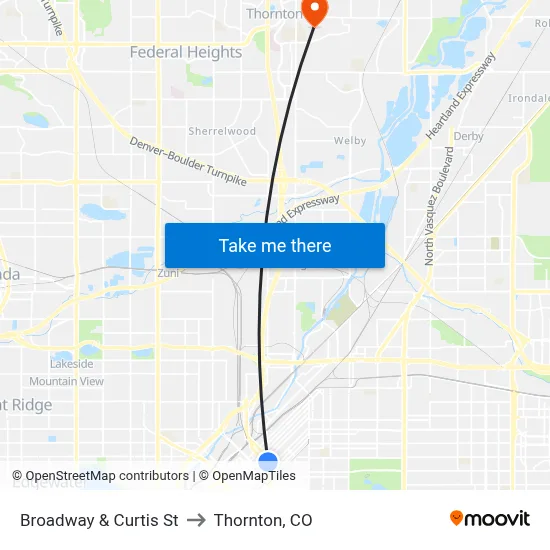 Broadway & Curtis St to Thornton, CO map