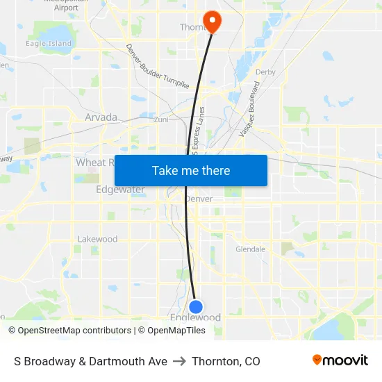 S Broadway & Dartmouth Ave to Thornton, CO map