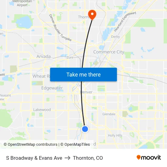 S Broadway & Evans Ave to Thornton, CO map