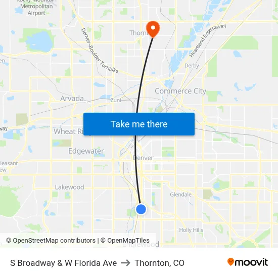 S Broadway & W Florida Ave to Thornton, CO map