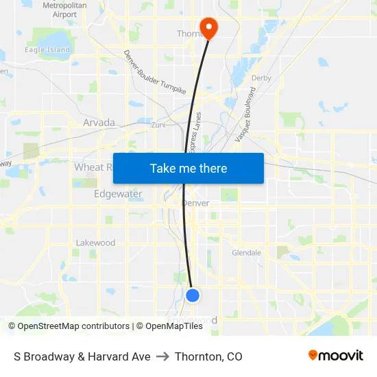 S Broadway & Harvard Ave to Thornton, CO map