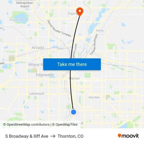 S Broadway & Iliff Ave to Thornton, CO map