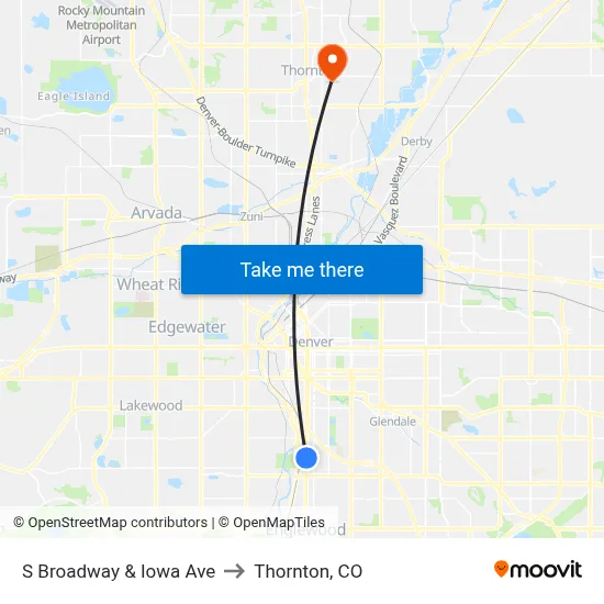 S Broadway & Iowa Ave to Thornton, CO map