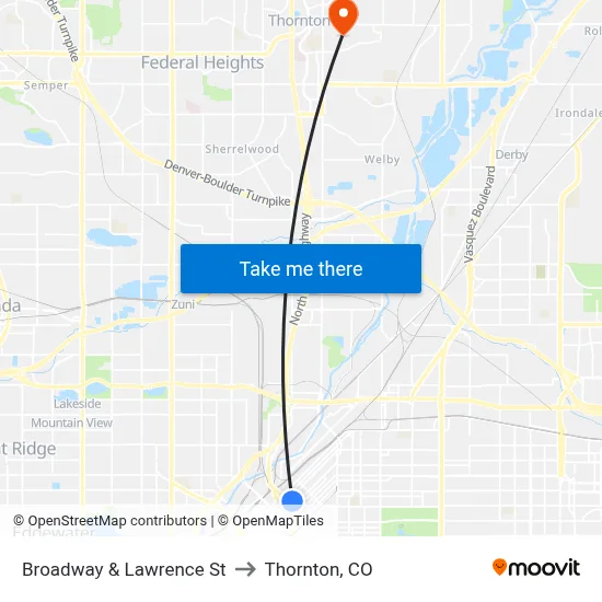 Broadway & Lawrence St to Thornton, CO map