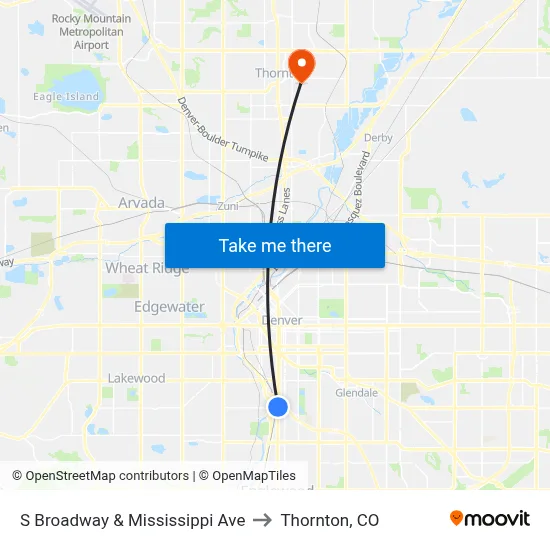 S Broadway & Mississippi Ave to Thornton, CO map
