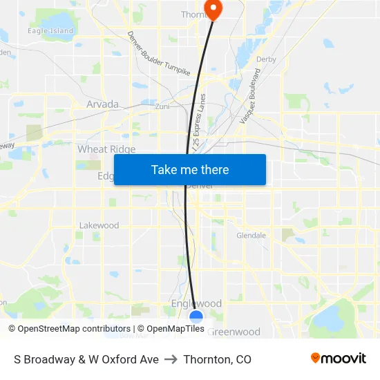 S Broadway & W Oxford Ave to Thornton, CO map