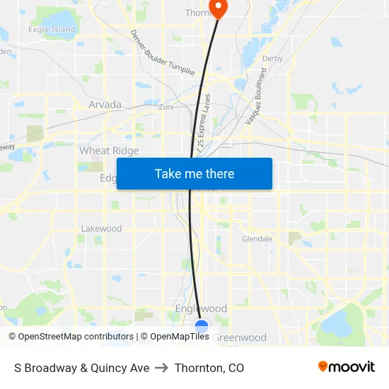 S Broadway & Quincy Ave to Thornton, CO map