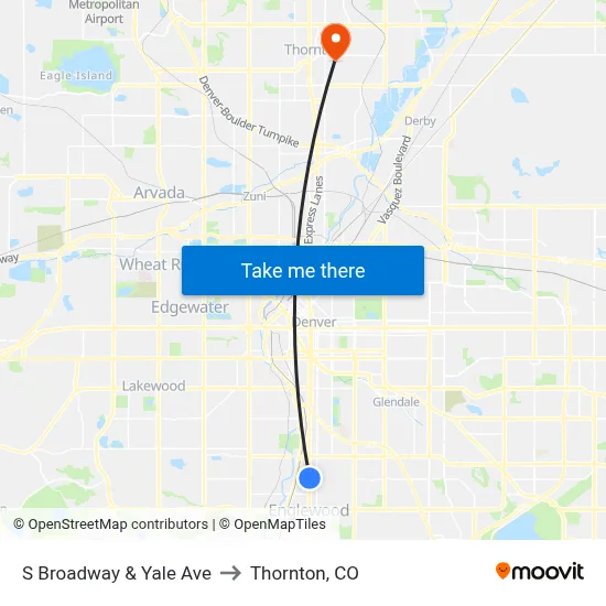 S Broadway & Yale Ave to Thornton, CO map