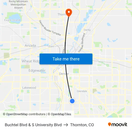 Buchtel Blvd & S University Blvd to Thornton, CO map