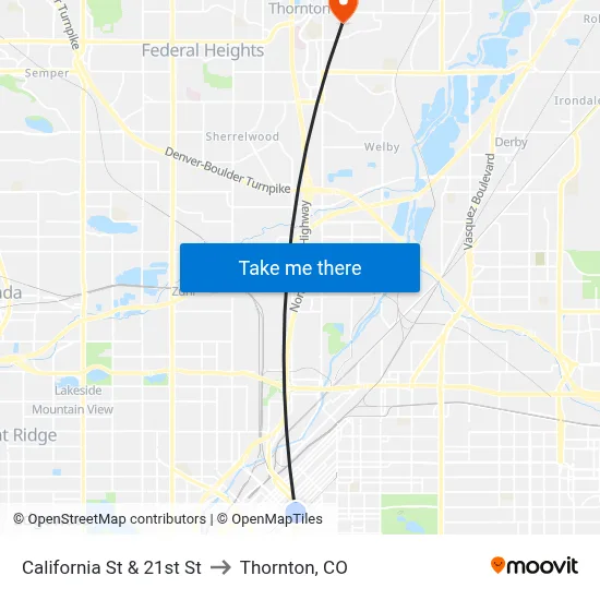 California St & 21st St to Thornton, CO map