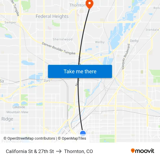 California St & 27th St to Thornton, CO map