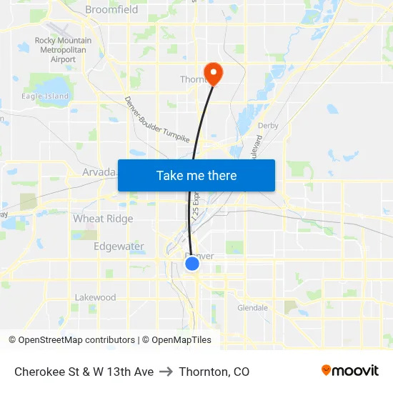 Cherokee St & W 13th Ave to Thornton, CO map