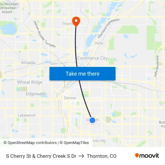 S Cherry St & Cherry Creek S Dr to Thornton, CO map