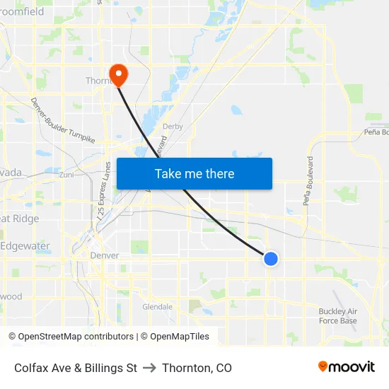 Colfax Ave & Billings St to Thornton, CO map