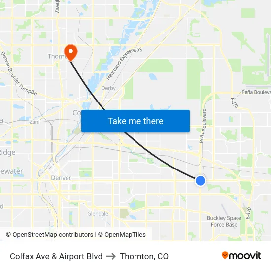 Colfax Ave & Airport Blvd to Thornton, CO map