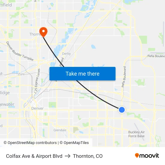 Colfax Ave & Airport Blvd to Thornton, CO map