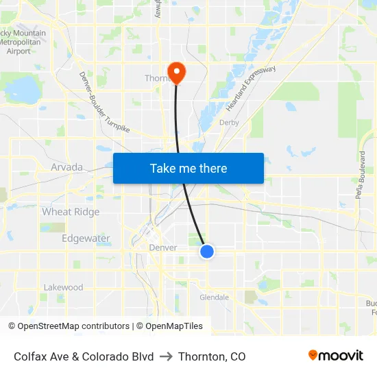 Colfax Ave & Colorado Blvd to Thornton, CO map