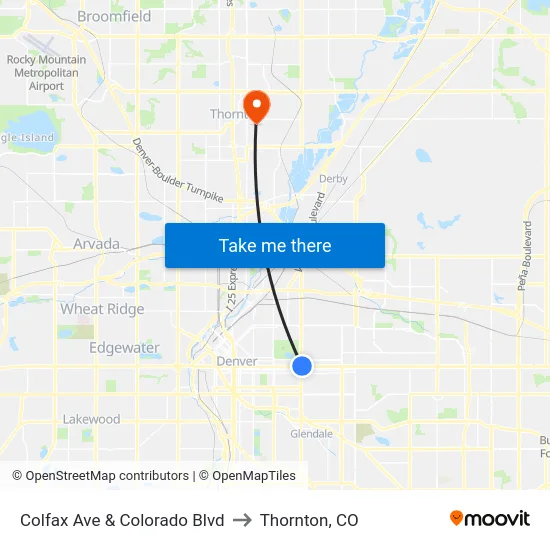 Colfax Ave & Colorado Blvd to Thornton, CO map