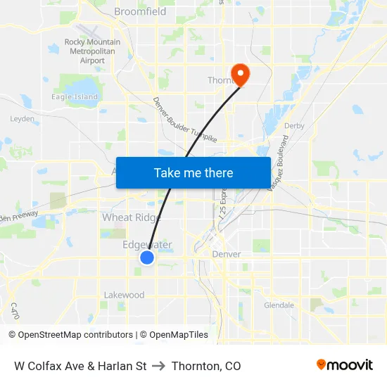 W Colfax Ave & Harlan St to Thornton, CO map
