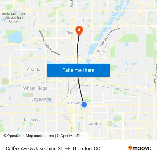 Colfax Ave & Josephine St to Thornton, CO map